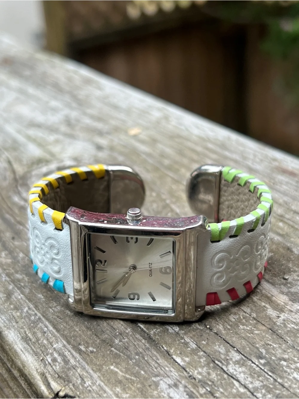 White Leather Cuff Watch with Multicolor Stitch Accents NWOT